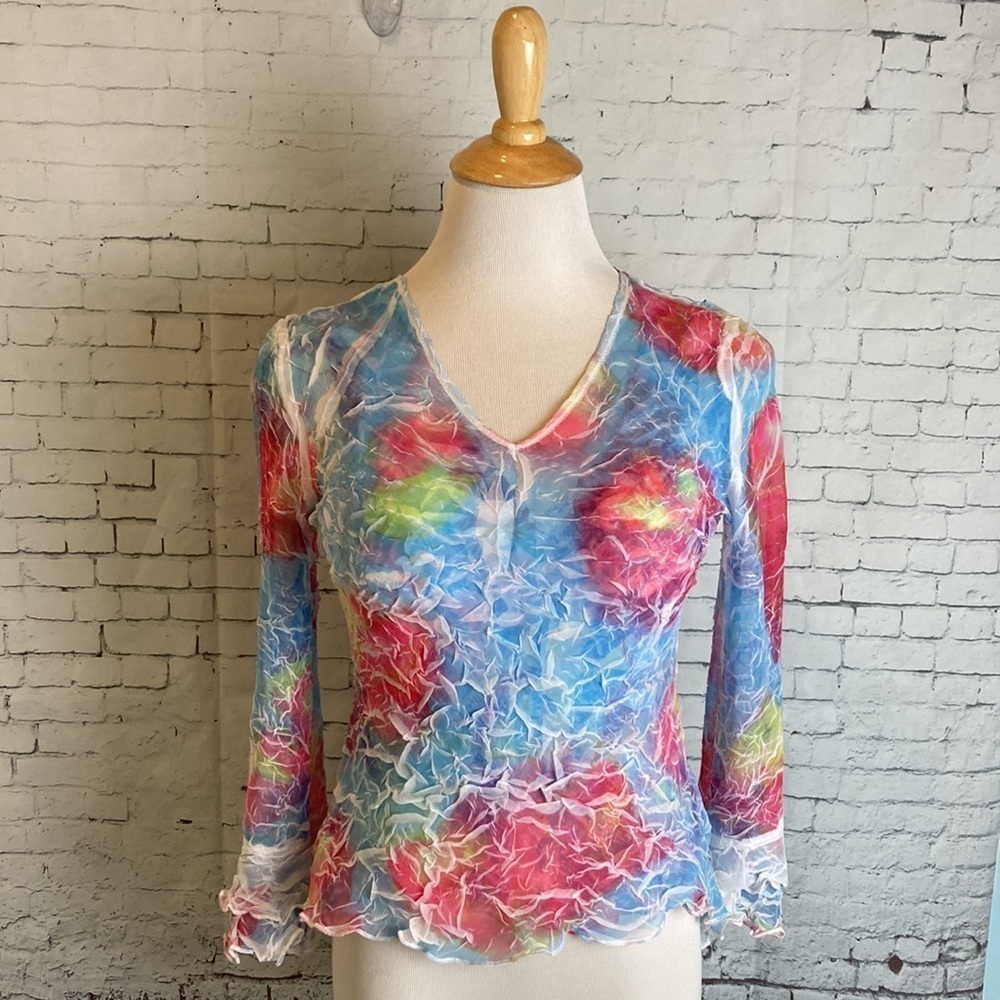 Komarov Layered Crinkle Flared Ruffle Sleeve Top S Sheer Art To Wear Packable